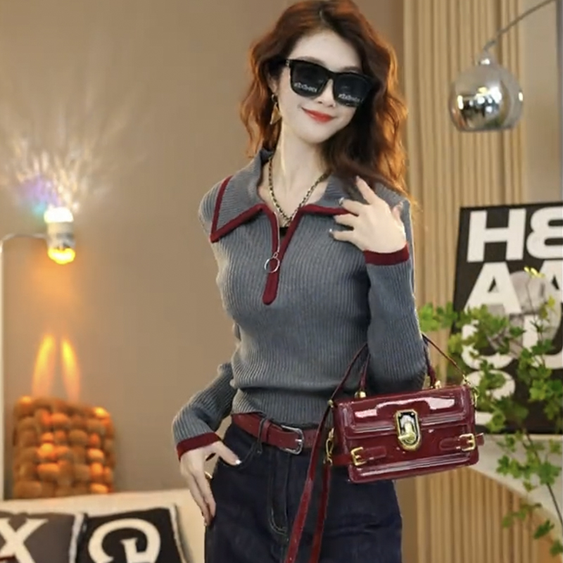 Lapel sweater autumn and winter bottoming shirt for women