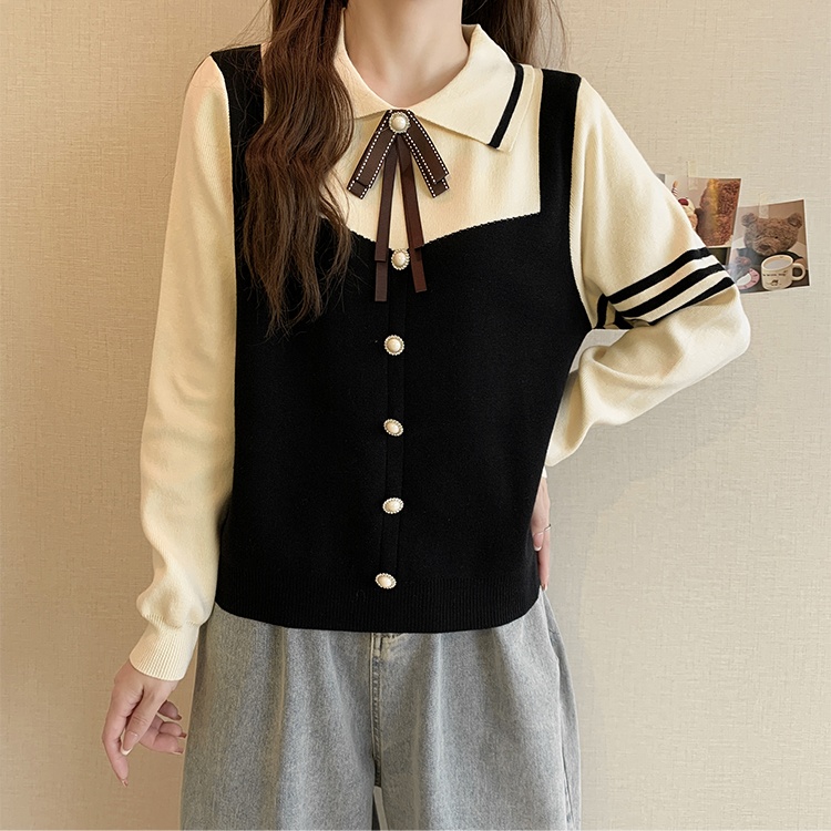 Pseudo-two chanelstyle autumn and winter knitted bow sweater