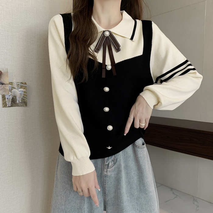 Pseudo-two chanelstyle autumn and winter knitted bow sweater