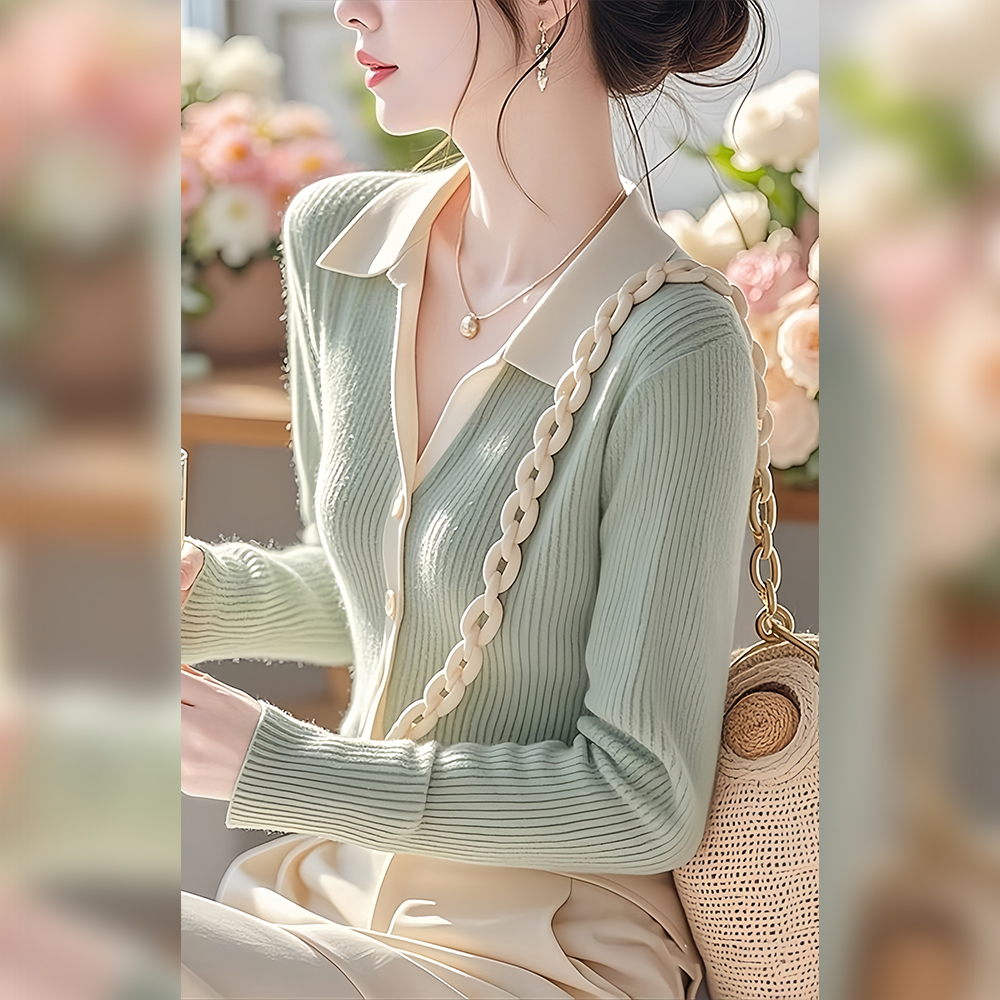 Knitted long sleeve sweater slim mixed colors cardigan