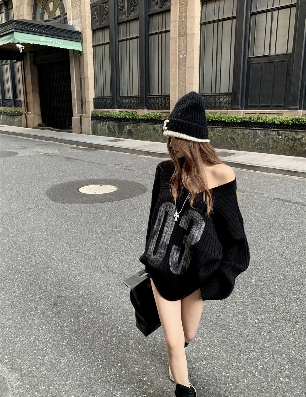 Printing American style retro black sweater for women