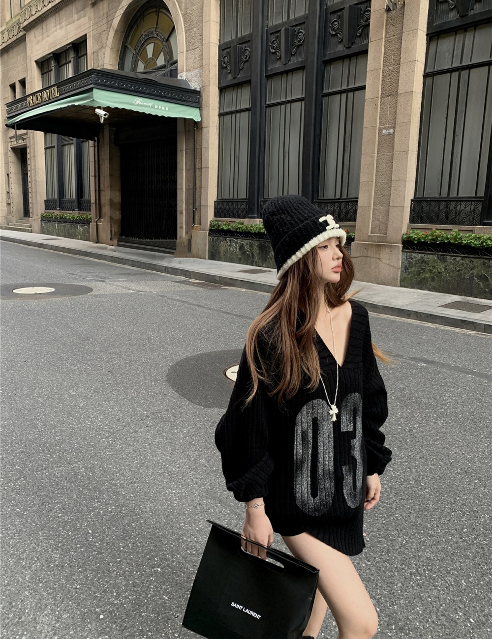 Printing American style retro black sweater for women