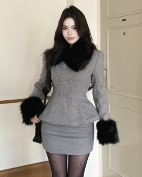 Fur collar short skirt woolen coat 2pcs set