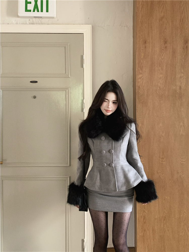 Fur collar short skirt woolen coat 2pcs set