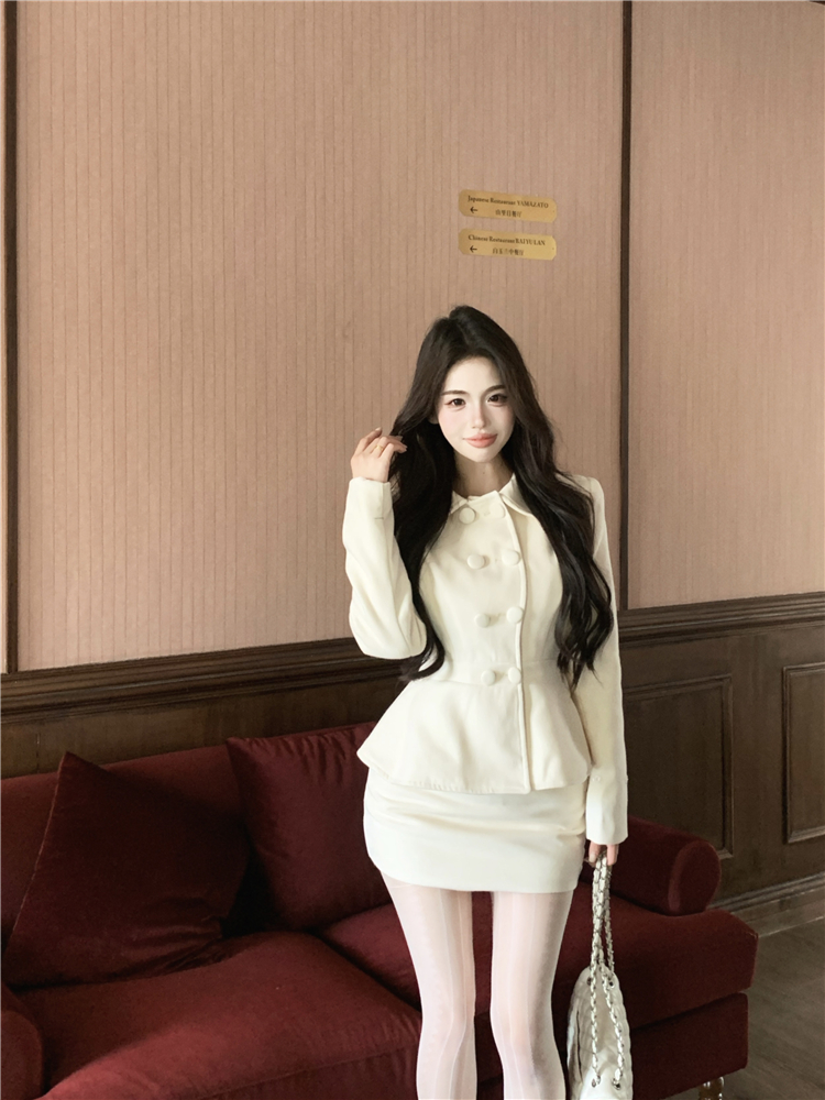 Fur collar short skirt woolen coat 2pcs set