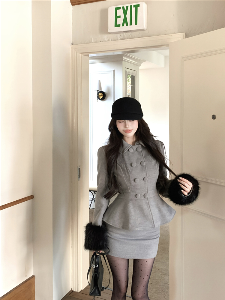 Fur collar short skirt woolen coat 2pcs set