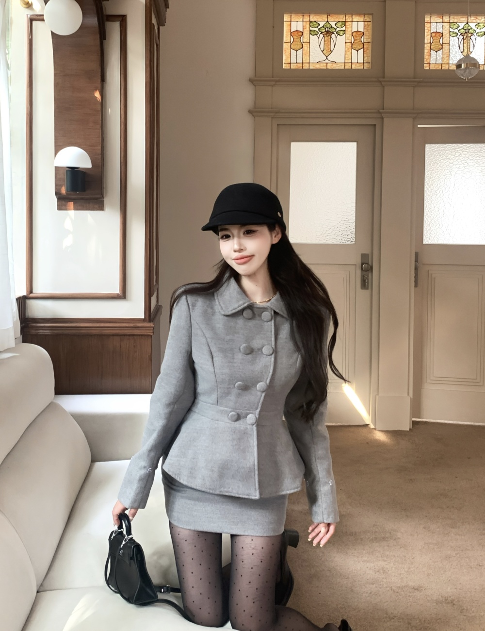 Fur collar short skirt woolen coat 2pcs set