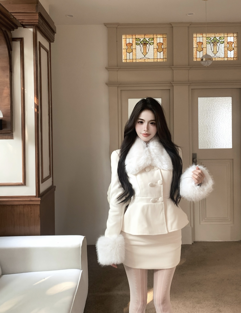 Fur collar short skirt woolen coat 2pcs set