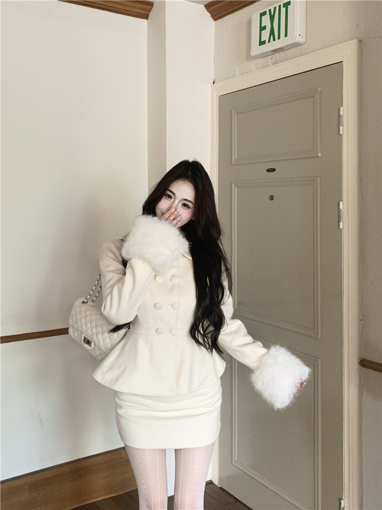 Fur collar short skirt woolen coat 2pcs set