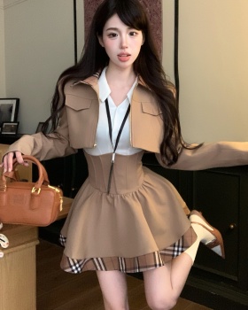 White high waist T-shirt splice coat 3pcs set for women