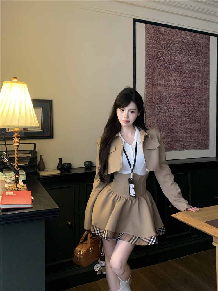 White high waist T-shirt splice coat 3pcs set for women