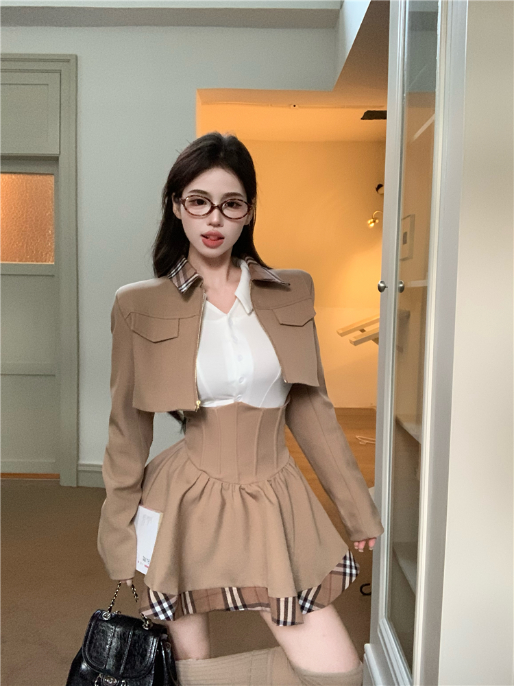 White high waist T-shirt splice coat 3pcs set for women