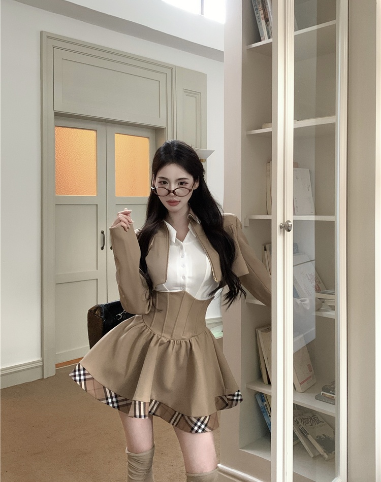 White high waist T-shirt splice coat 3pcs set for women