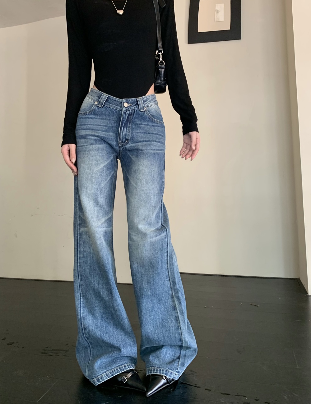 Slim retro casual pants wide leg all-match jeans for women