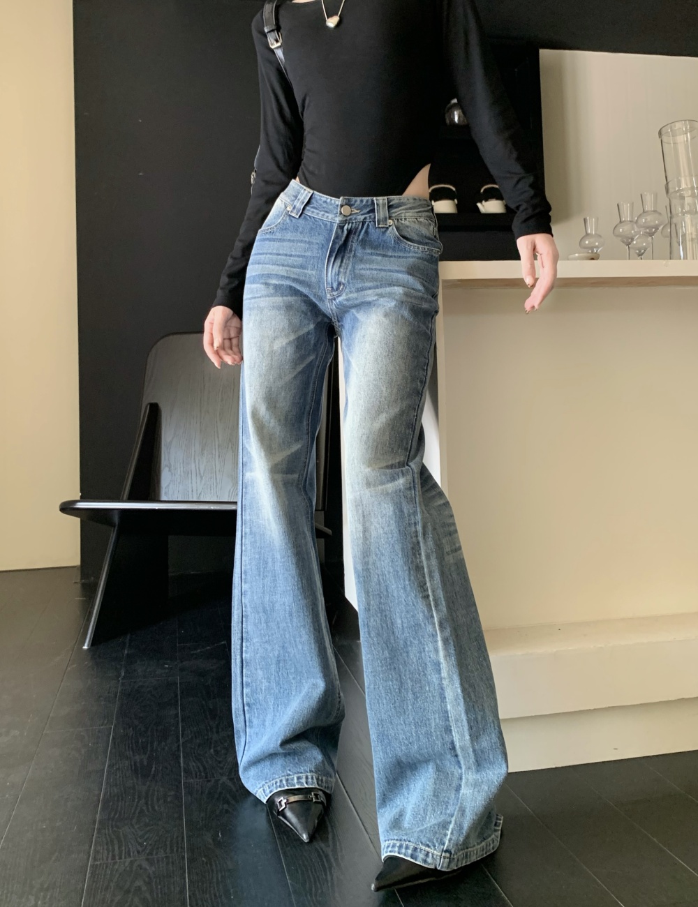 Slim retro casual pants wide leg all-match jeans for women