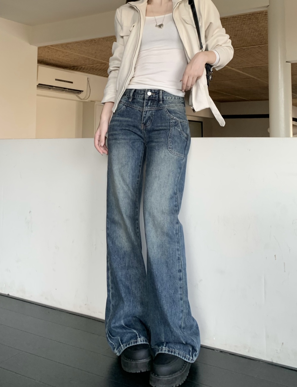 Navy-blue retro straight pants spicegirl jeans for women