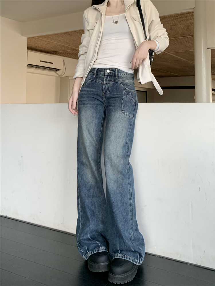 Navy-blue retro straight pants spicegirl jeans for women