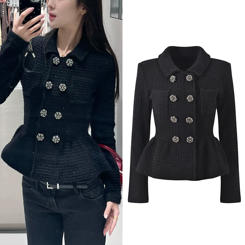 Black slim ladies fashion sequins France style all-match coat