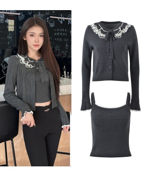 Beads knitted slim vest autumn bow frenum cardigan a set