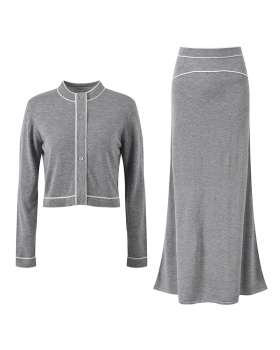 Fashion autumn knitted vest show young gray skirt 3pcs set