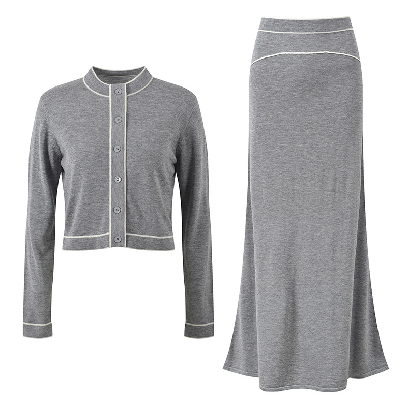 Fashion autumn knitted vest show young gray skirt 3pcs set