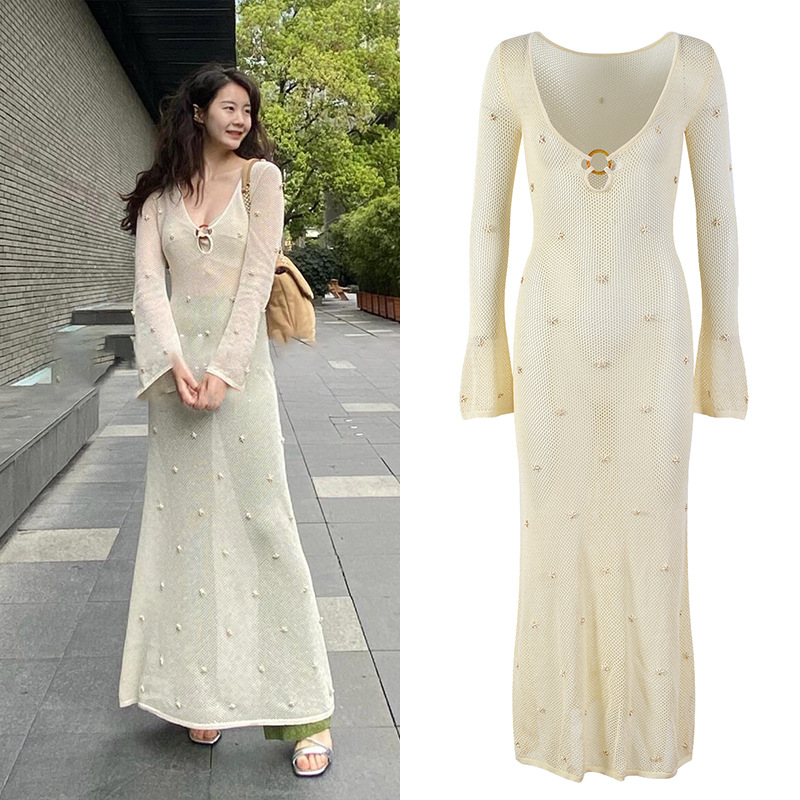 Pinched waist sexy knitted Casual hollow dress for women