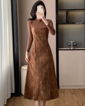 Pinched waist velvet long dress temperament dress 2pcs set