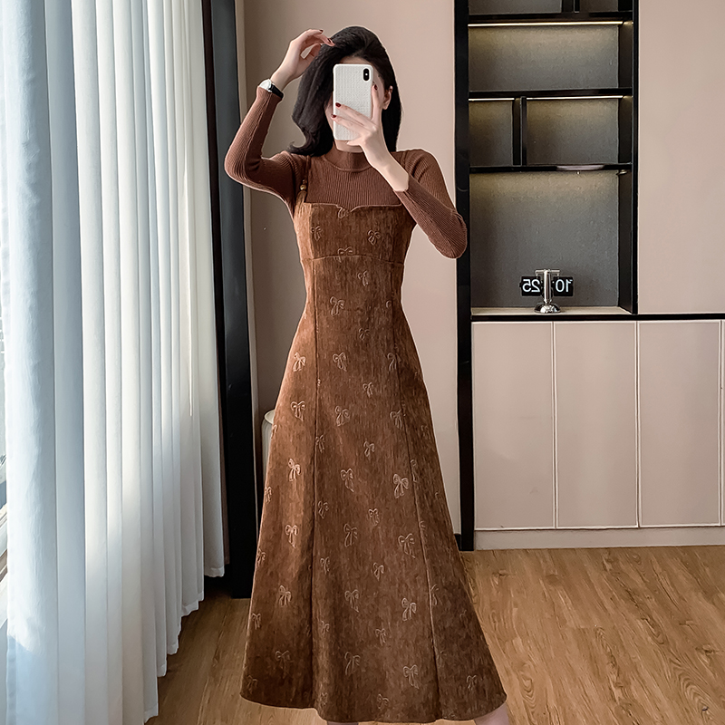 Pinched waist velvet long dress temperament dress 2pcs set