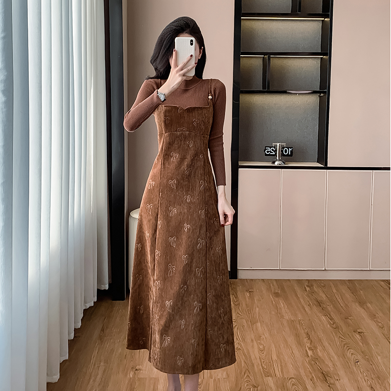 Pinched waist velvet long dress temperament dress 2pcs set