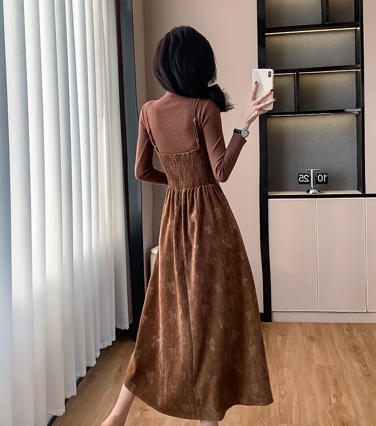 Pinched waist velvet long dress temperament dress 2pcs set