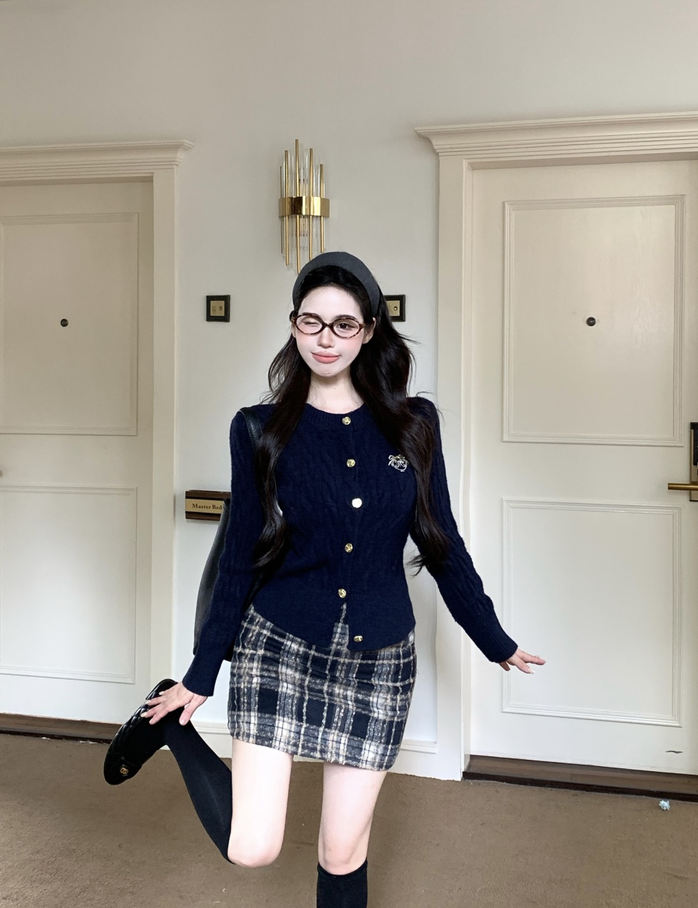 Temperament plaid short skirt knitted sweater a set