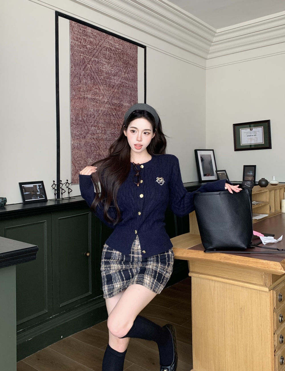 Temperament plaid short skirt knitted sweater a set