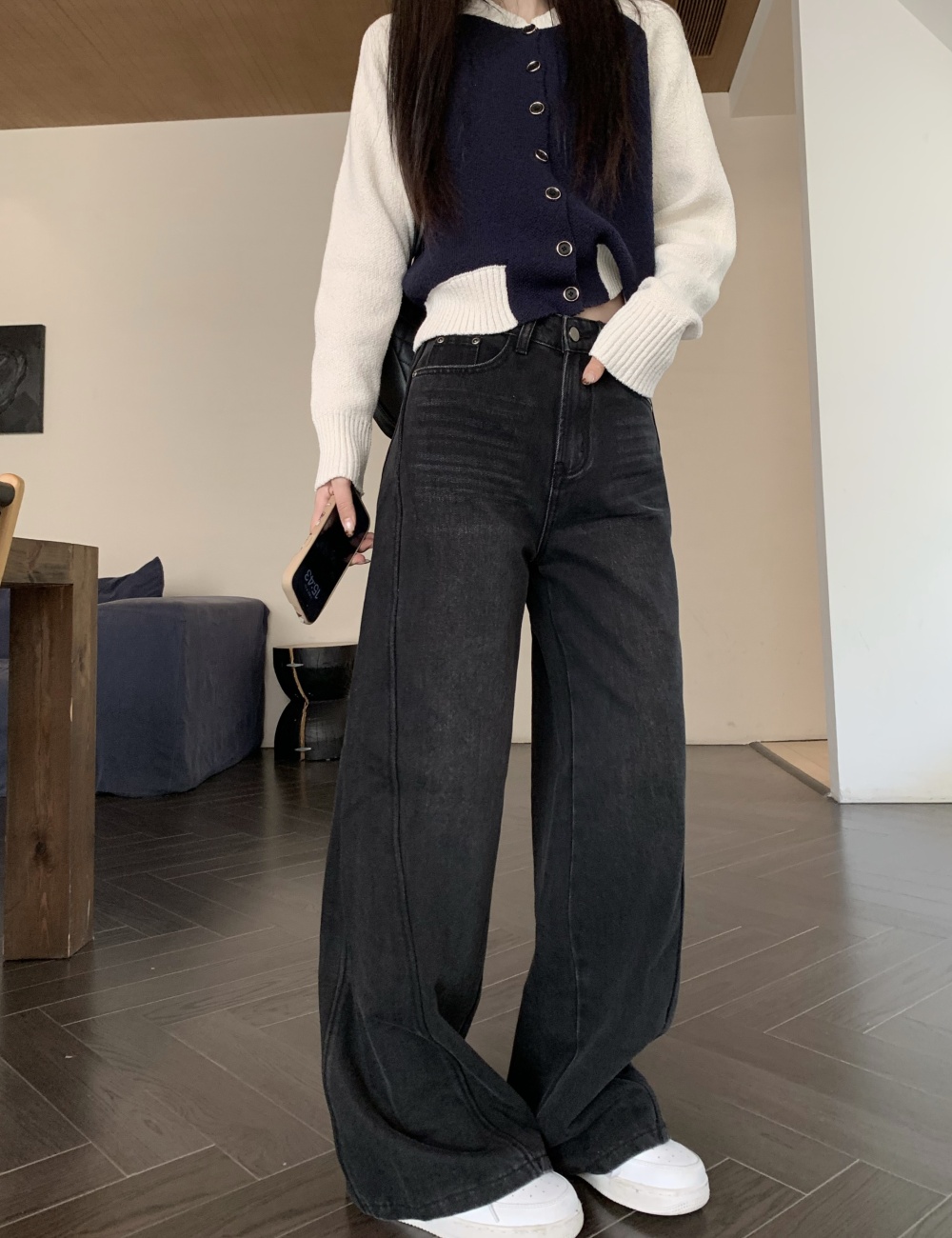 Straight wide leg pants high waist jeans for women