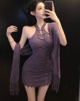 Chinese style bottoming dress lace halter shawl a set