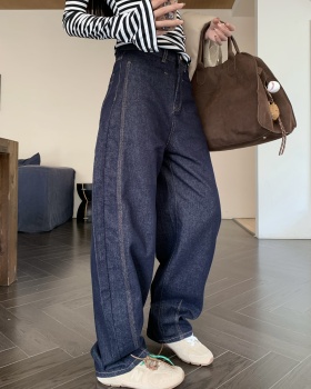 Navy blue straight pants long pants wide leg retro jeans