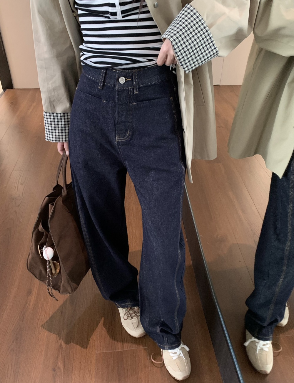 Navy blue straight pants long pants wide leg retro jeans