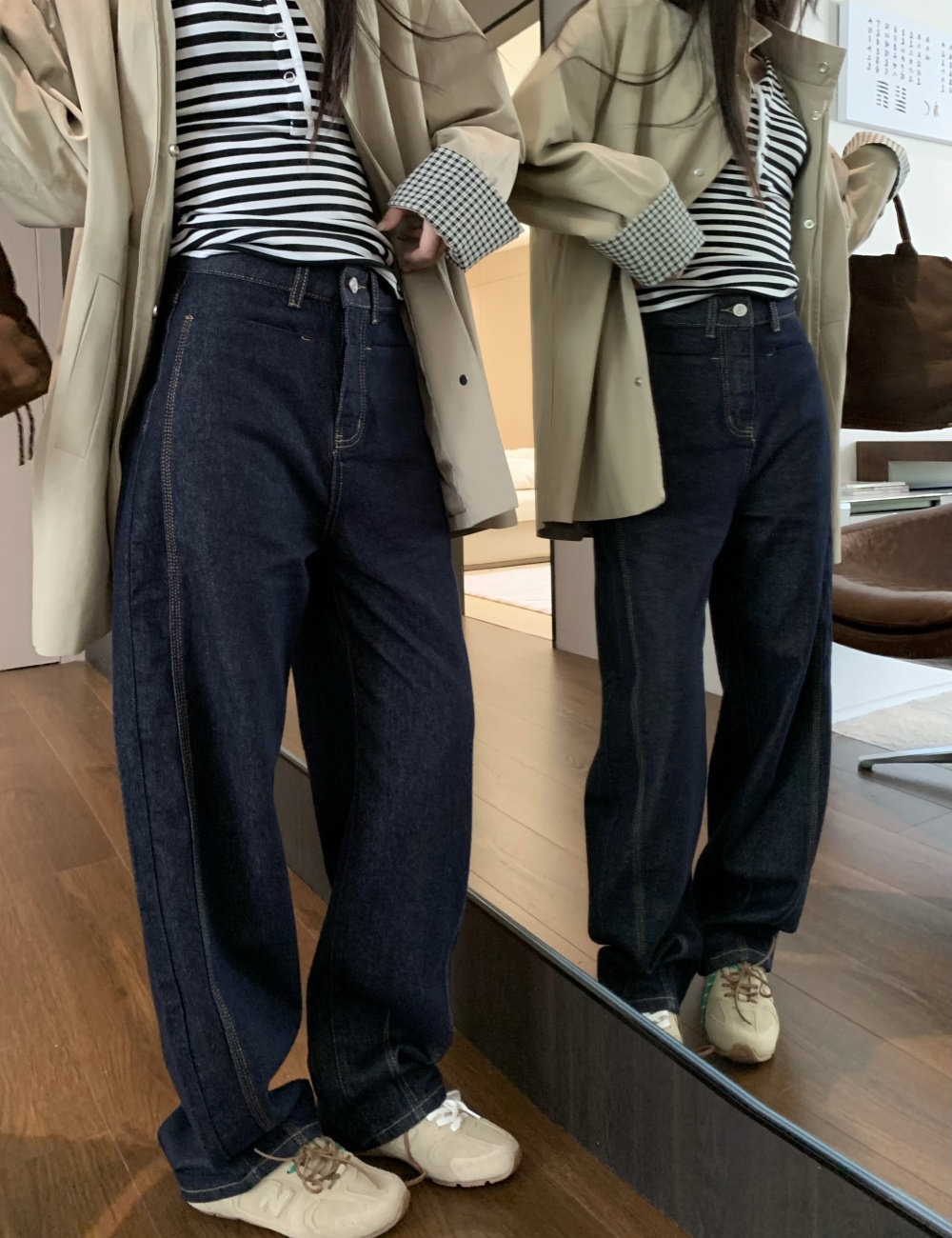 Navy blue straight pants long pants wide leg retro jeans