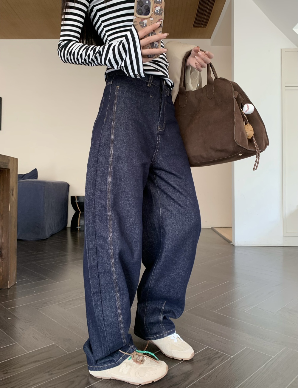 Navy blue straight pants long pants wide leg retro jeans