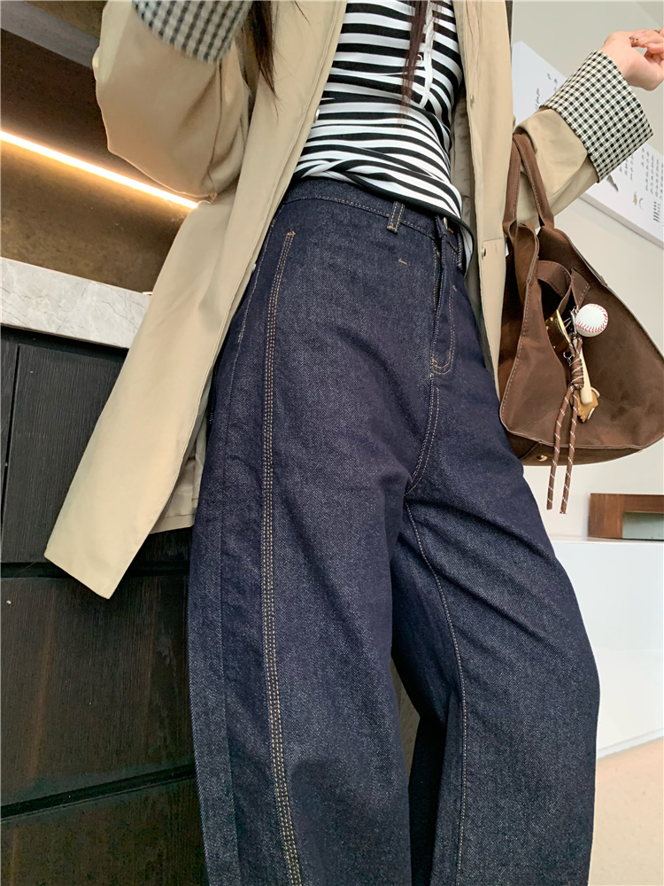 Navy blue straight pants long pants wide leg retro jeans