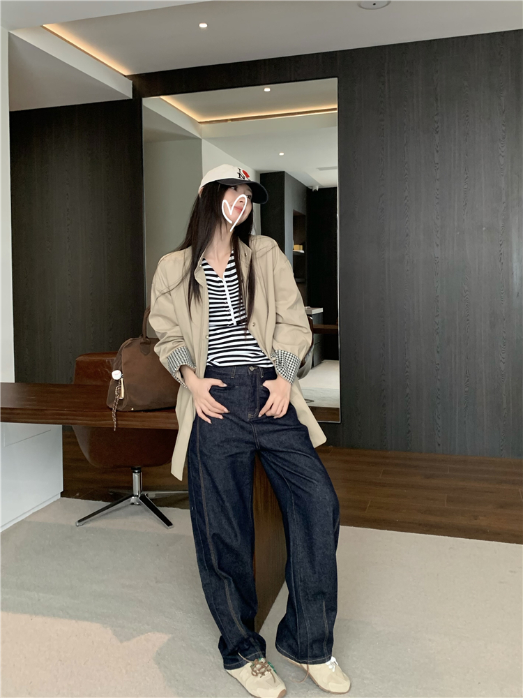 Navy blue straight pants long pants wide leg retro jeans