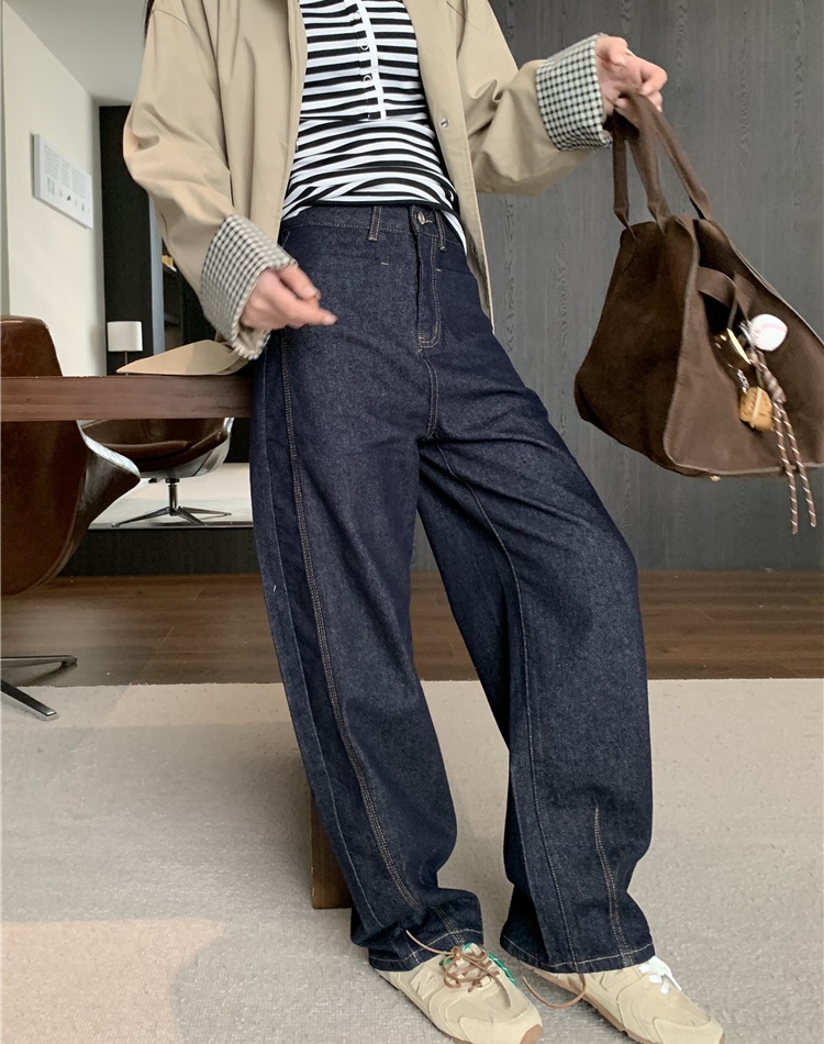 Navy blue straight pants long pants wide leg retro jeans