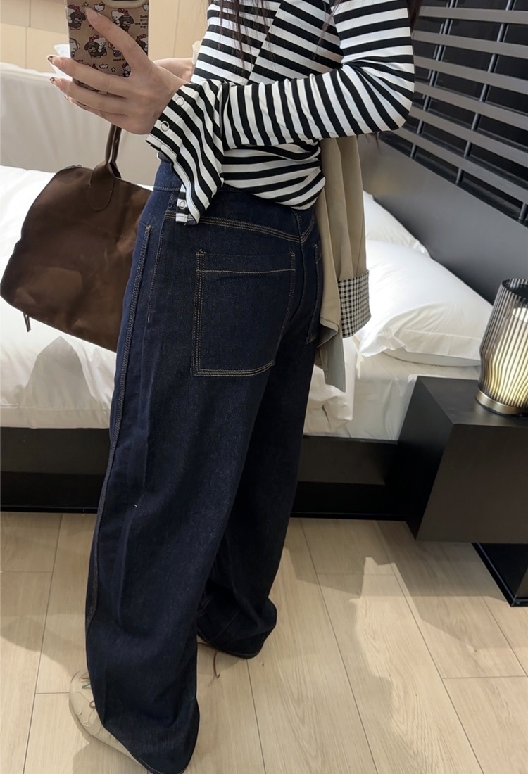 Navy blue straight pants long pants wide leg retro jeans