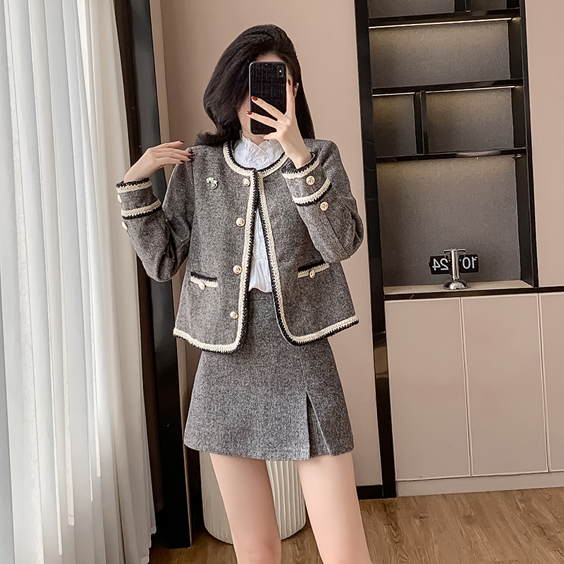 Chanelstyle short skirt autumn jacket 2pcs set for women