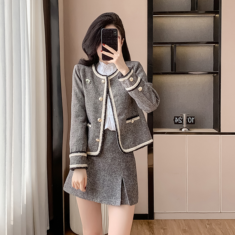 Chanelstyle short skirt autumn jacket 2pcs set for women