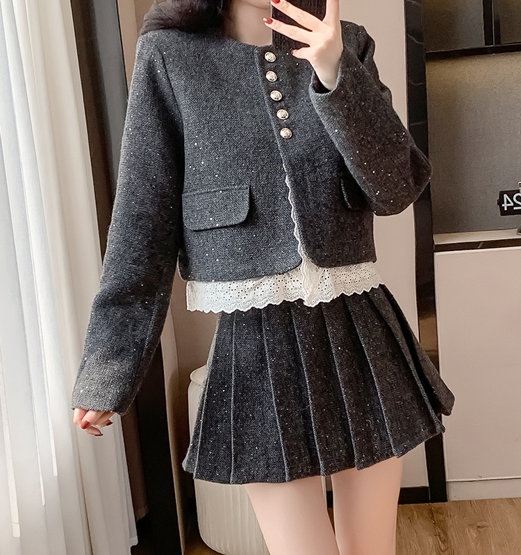 Lace autumn and winter skirt splice coat 2pcs set