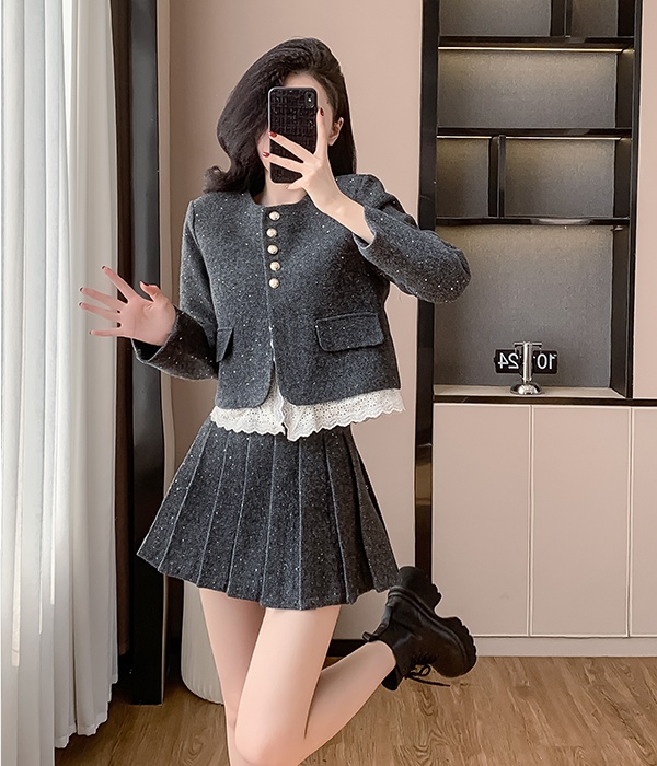 Lace autumn and winter skirt splice coat 2pcs set