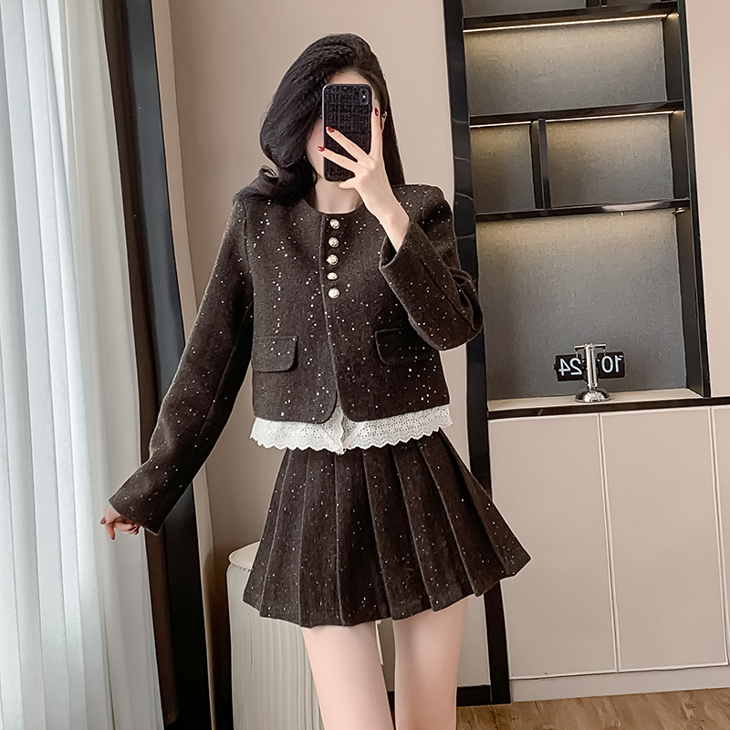 Lace autumn and winter skirt splice coat 2pcs set