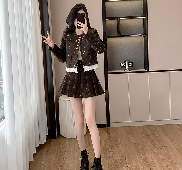 Lace autumn and winter skirt splice coat 2pcs set