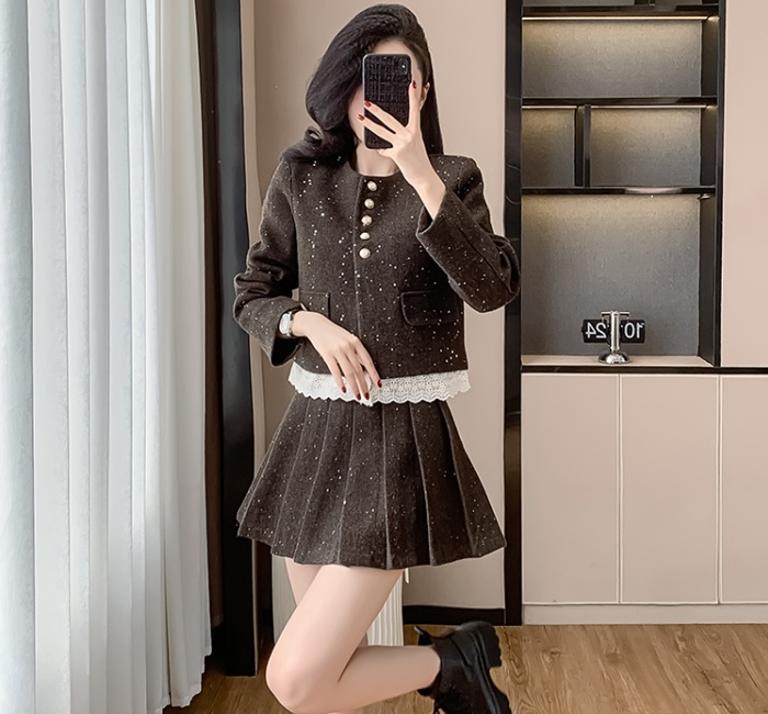 Lace autumn and winter skirt splice coat 2pcs set