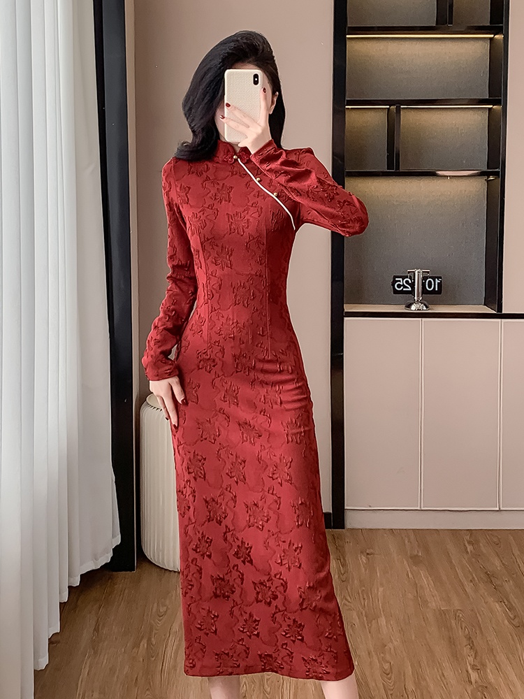 Chinese style retro cheongsam autumn dress for women